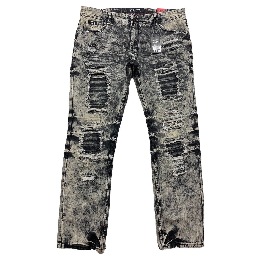 Contender Premium Men's Slim Straight Leg Patched Distressed Jeans Size 40x34